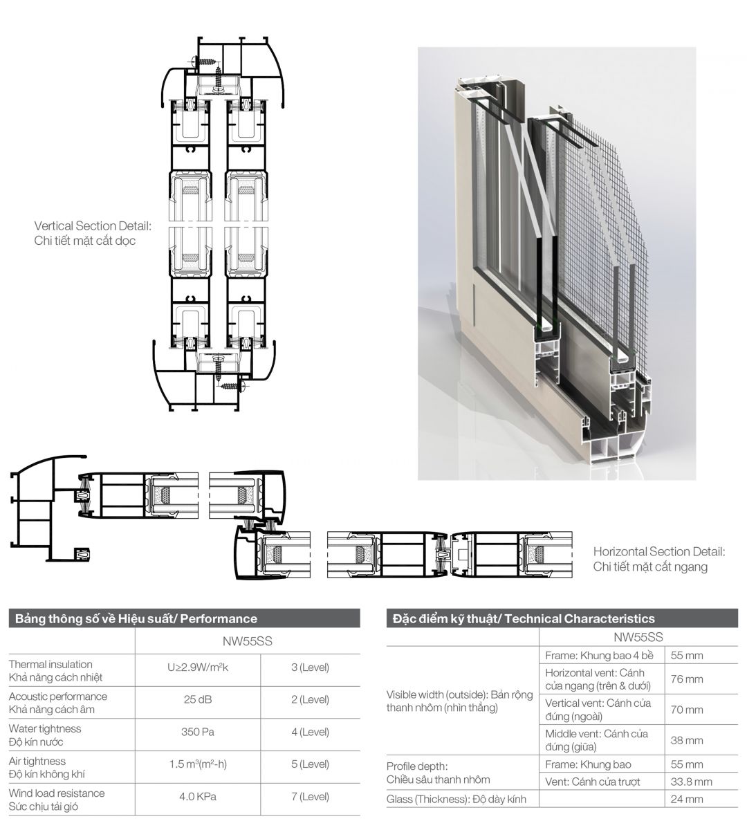 CINAL NW55SS Cửa sổ trượt (2 ray)