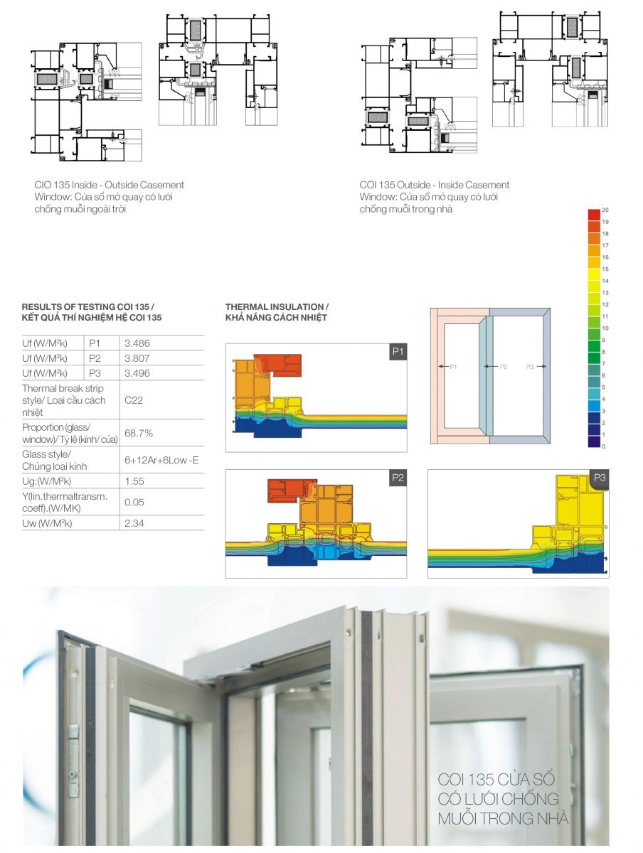 CIVRO CIO135 - COI135 Cửa sổ mở quay tích hợp Lưới chống muỗi