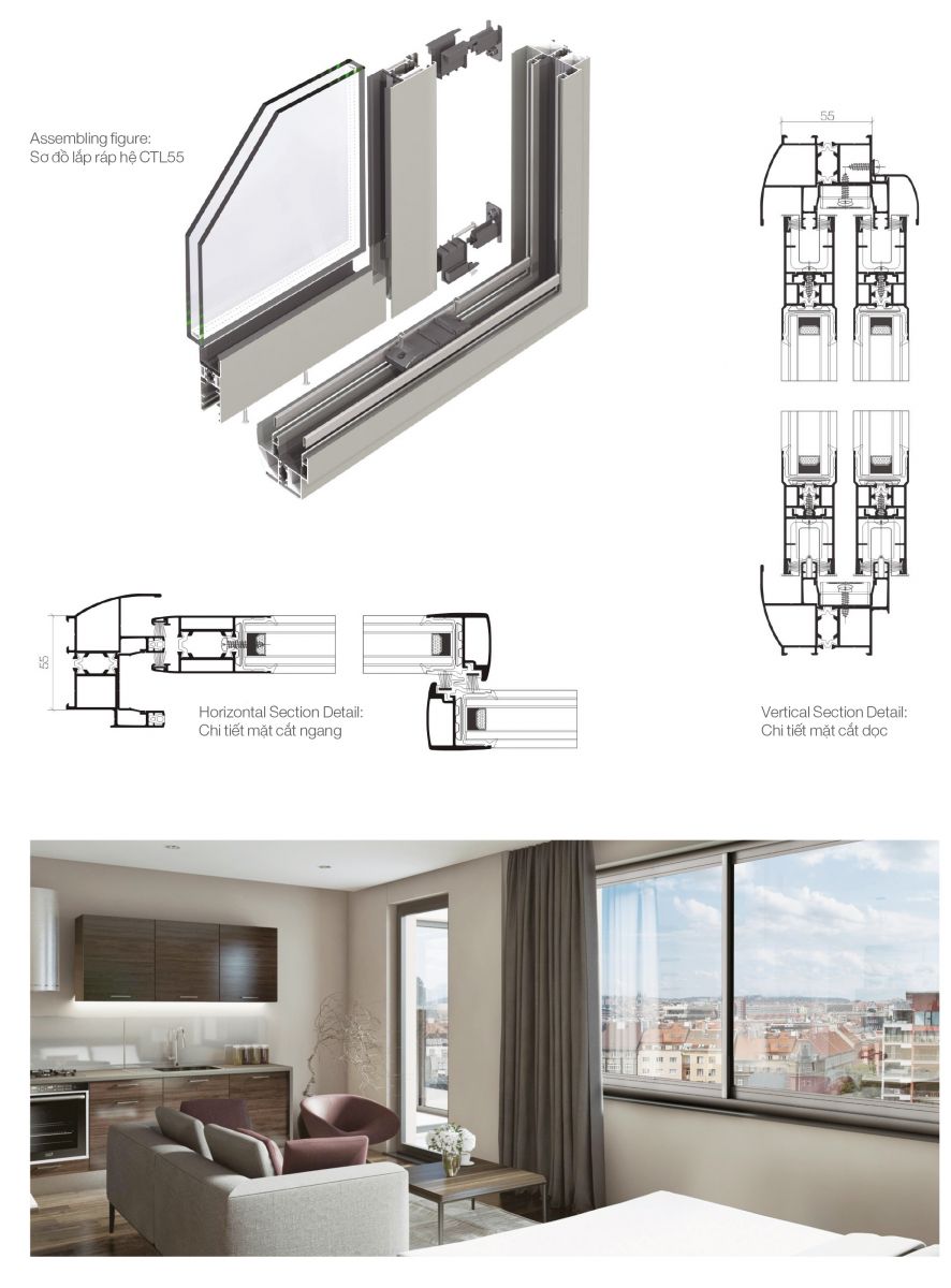 CIVRO CTL55 Cửa sổ trượt tích hợp Lưới chống muỗi